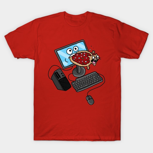 A Computer Eating A Pizza That Is Actually A Cat T-Shirt by Mahekun